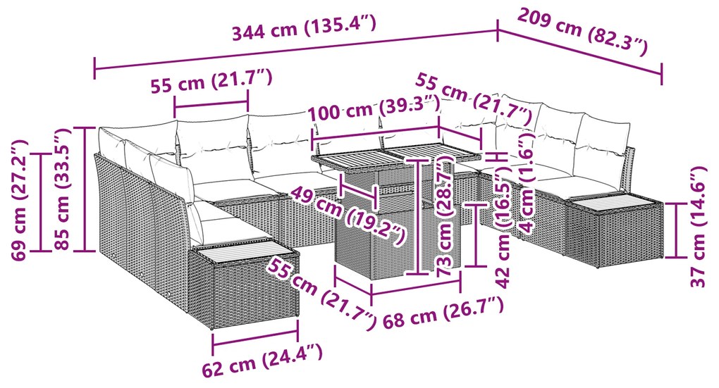 Conjunto de Jantar com 11 Peças e Almofadas Cinza de Rattan Poliéster