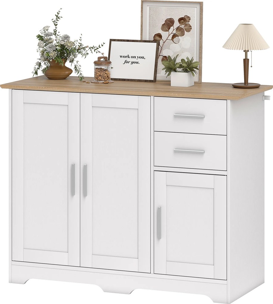 Aparador de sala, móvel de arrumação com 2 gavetas, 3 portas e prateleira ajustável, 100 x 40 x 78 cm, branco e madeira natural