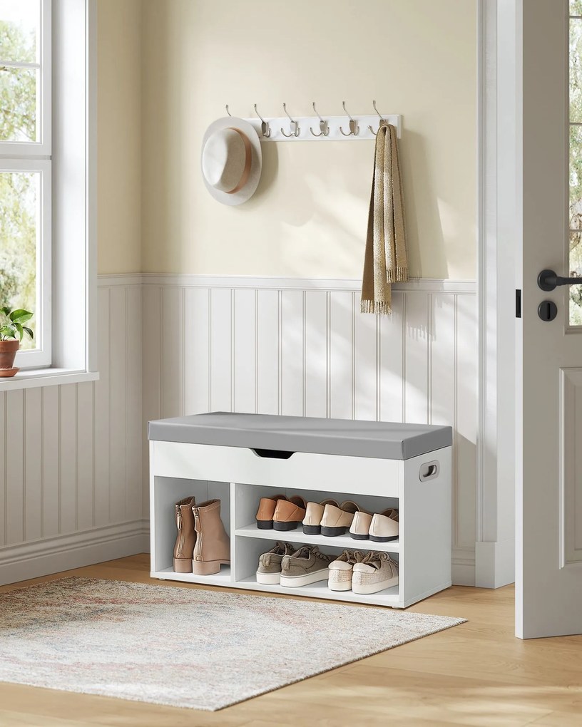 Banco sapateira com espaço de arrumação, estofado, com 3 compartimentos abertos 30 x 80 x 44 cm Branco