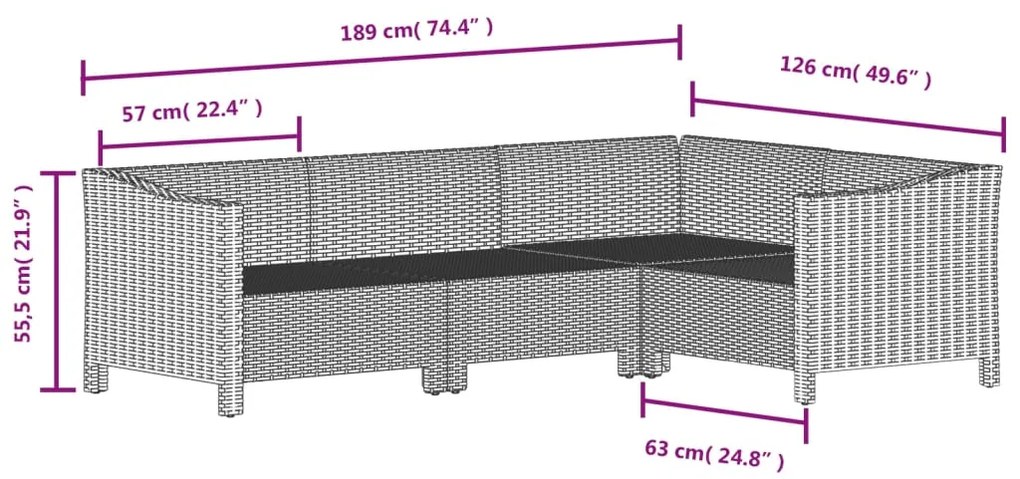 4 pcs conjunto lounge de jardim c/ almofadões vime PE cinzento