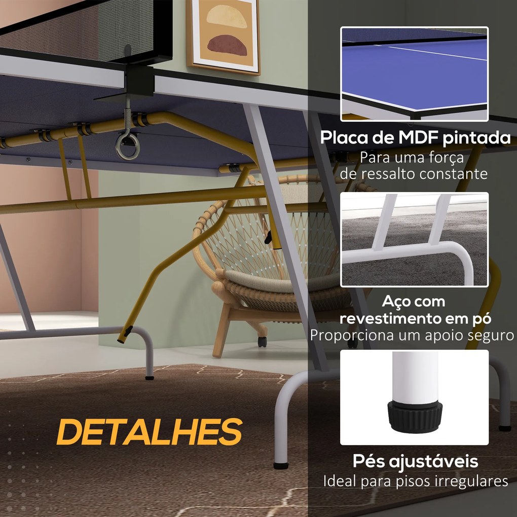 Mesa de Ping-Pong Dobrável com Rede Apoio para os Pés Ajustáveis e Estrutura de Aço para Interior e Exterior 274x152,5x76 cm Azul
