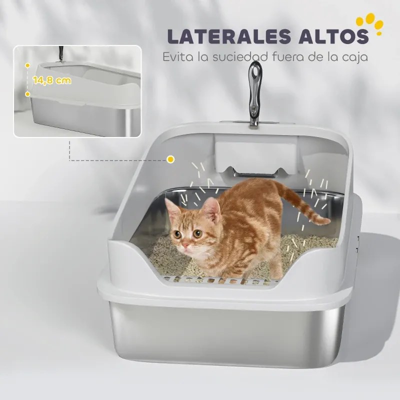 Caixa de Areia XL para Gatos 60,2x40,2x29,7 cm em Aço Inoxidável com Bordas Altas Pá Fácil de Limpar Antifugas Cinzento