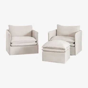 Conjunto De Sala De Estar Com 2 Poltronas E Um Pufe Em Linho E Algodão Grace Tecido Beige - Sklum