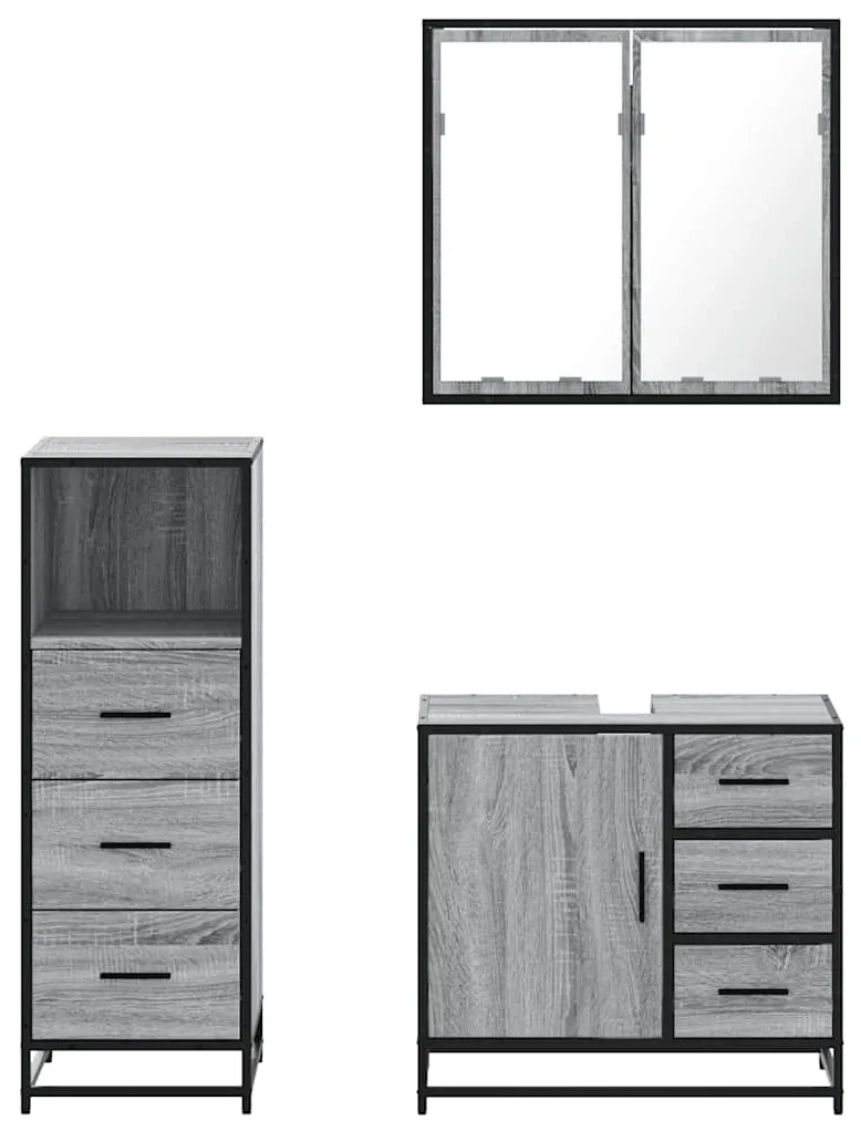 3 pcs Conjunto móveis casa de banho madeira proc. cinza sonoma