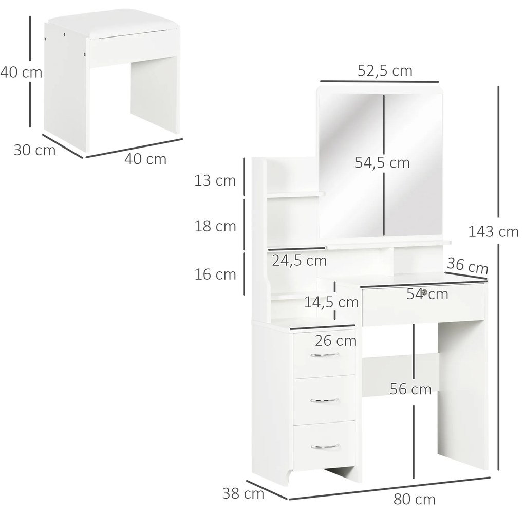 Toucador de Maquilhagem com Banco e Espelho Mesa de Maquilhagem com 4 Gavetas 4 Compartimentos de Armazenamento Estilo Moderno 80x38x143cm Branco