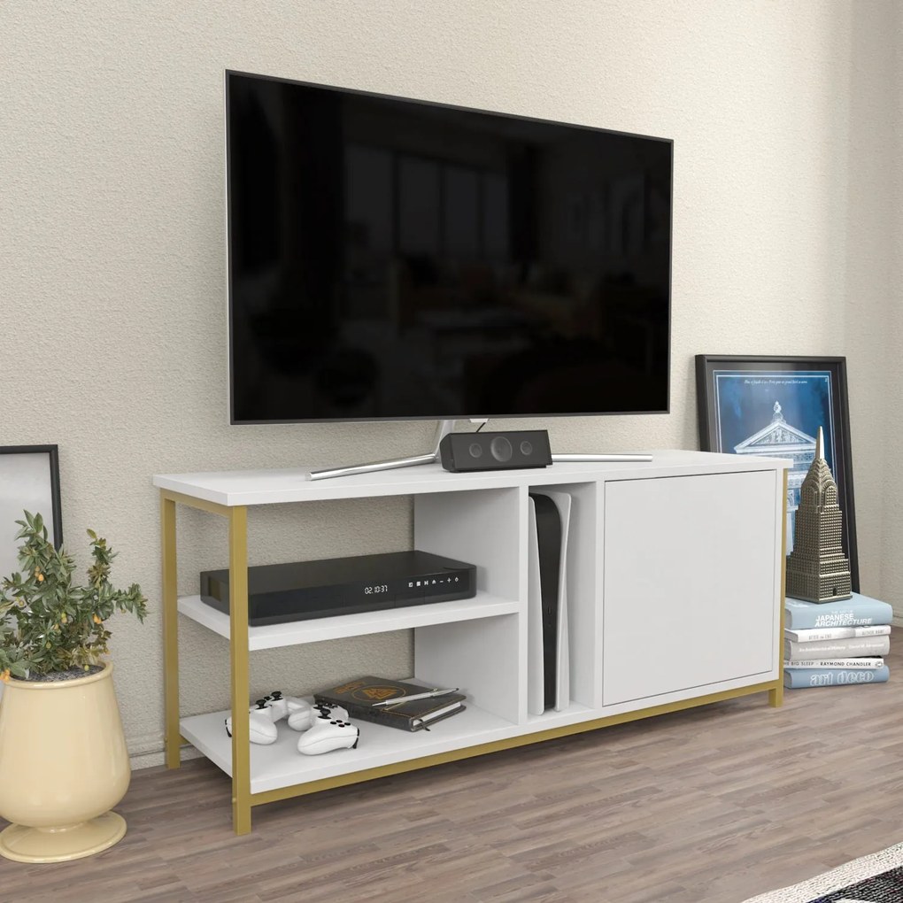 Móvel TV Neola – Dourado e Branco – 120 cm x 35,3 cm x 50,8 cm
