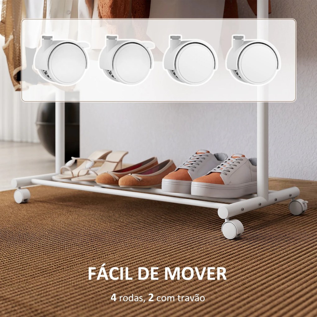 Guarda Roupa com Rodas 5 Ganchos Barra para Pendurar e Prateleira Inferior 86x43x171 cm Branco