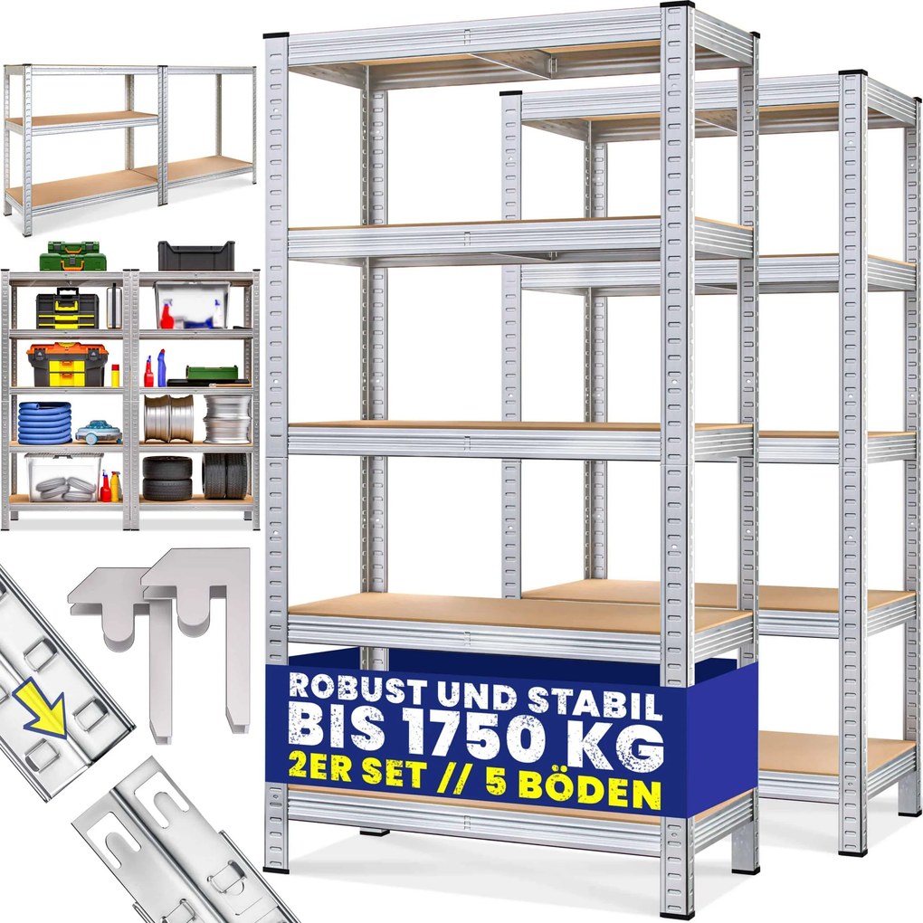 Conjunto de 2 estantes para cargas pesadas galvanizadas com capacidade de carga 875 kg, 180 x 90 x 40 cm Prateado