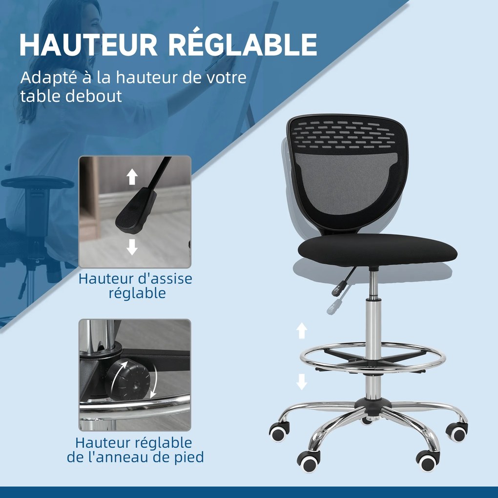 Cadeira de escritório ergonómica em malha 59 x 59 x 106-126 cm, cadeira de desenho, altura e apoio para os pés ajustáveis, preta