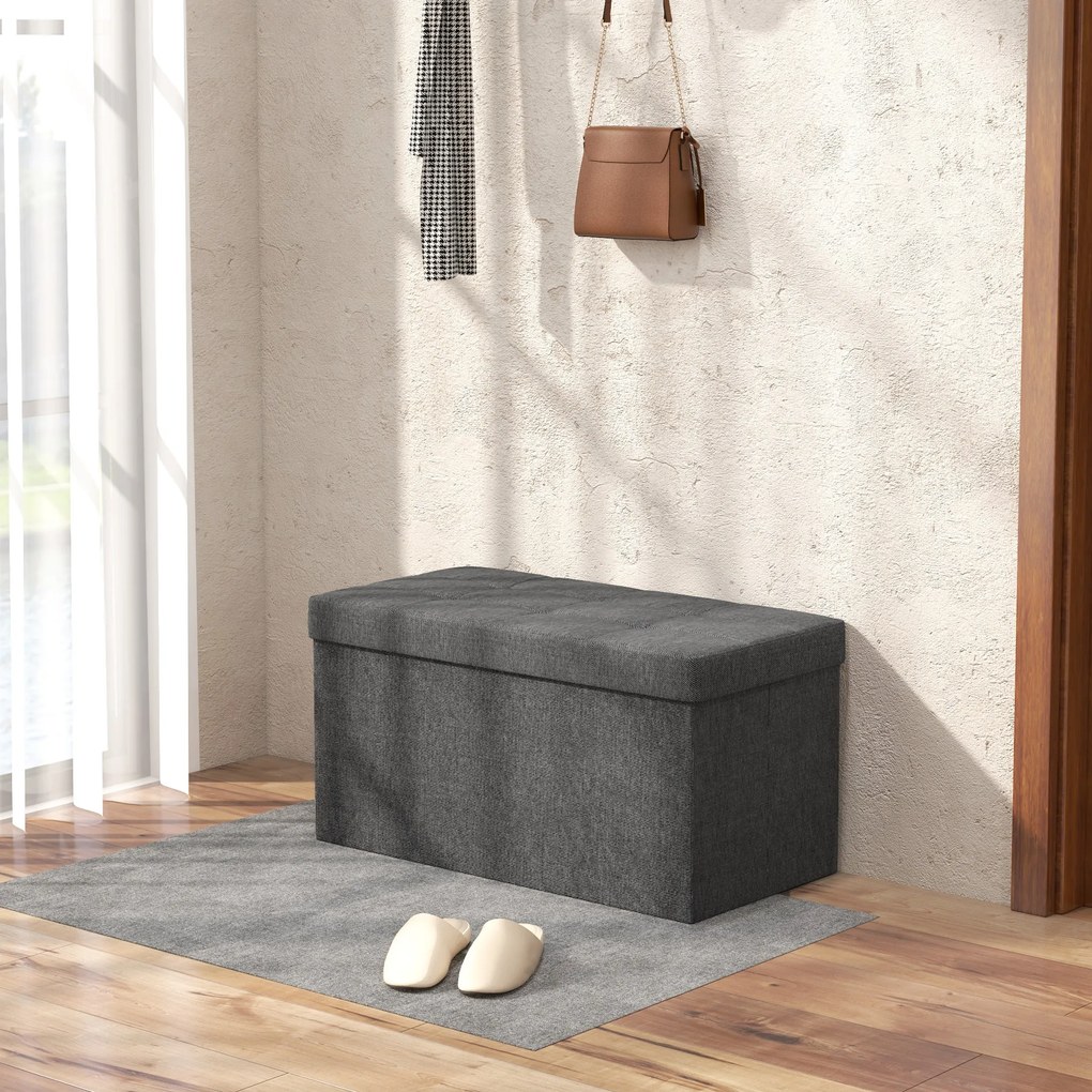 Baú de Armazenamento para Dormitório 84L Puff de Armazenamento Dobrável Estofado em Linho Sintético 76x38x38 cm Cinza Escuro