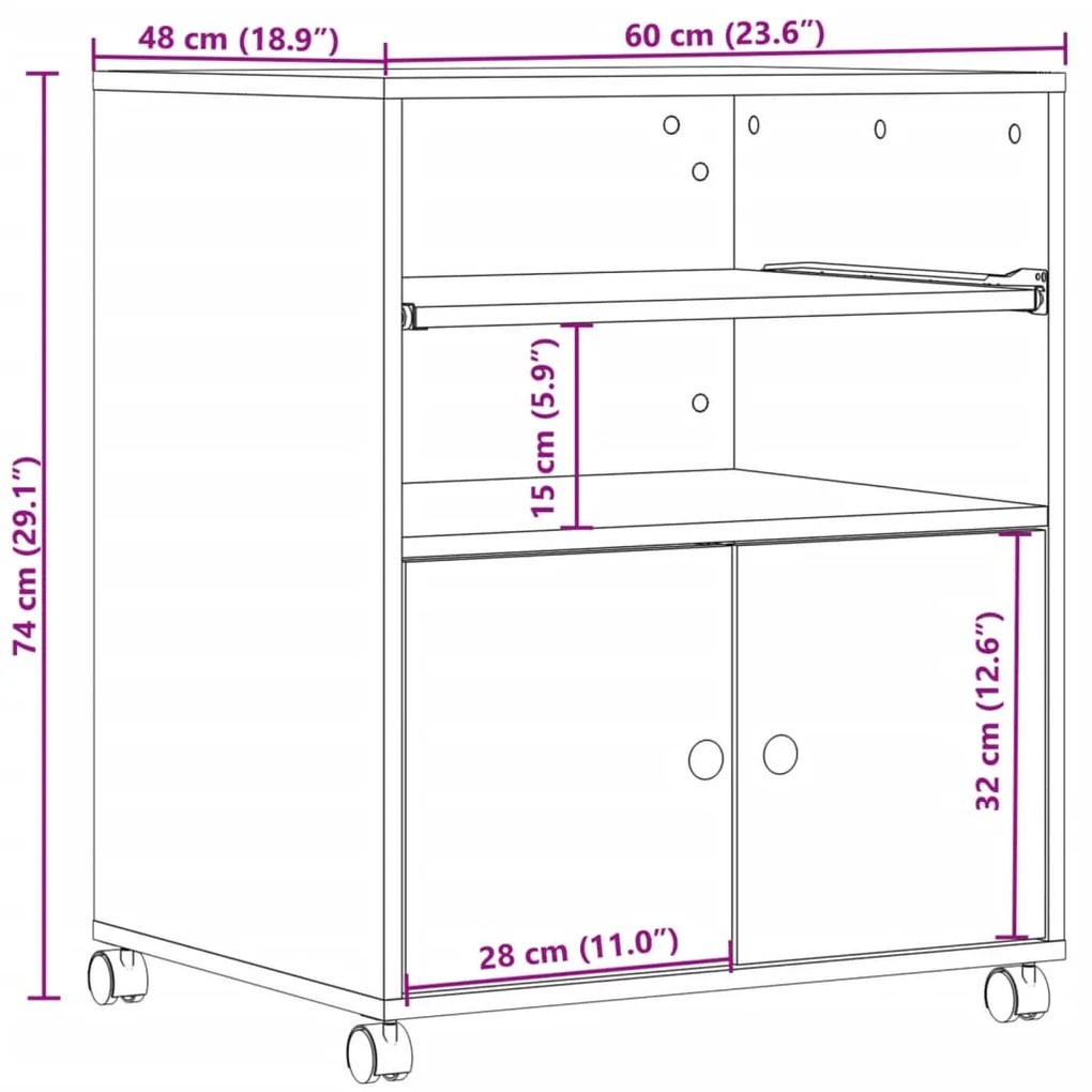 Suporte para impressora com rodas 60x48x74 cm cinzento sonoma
