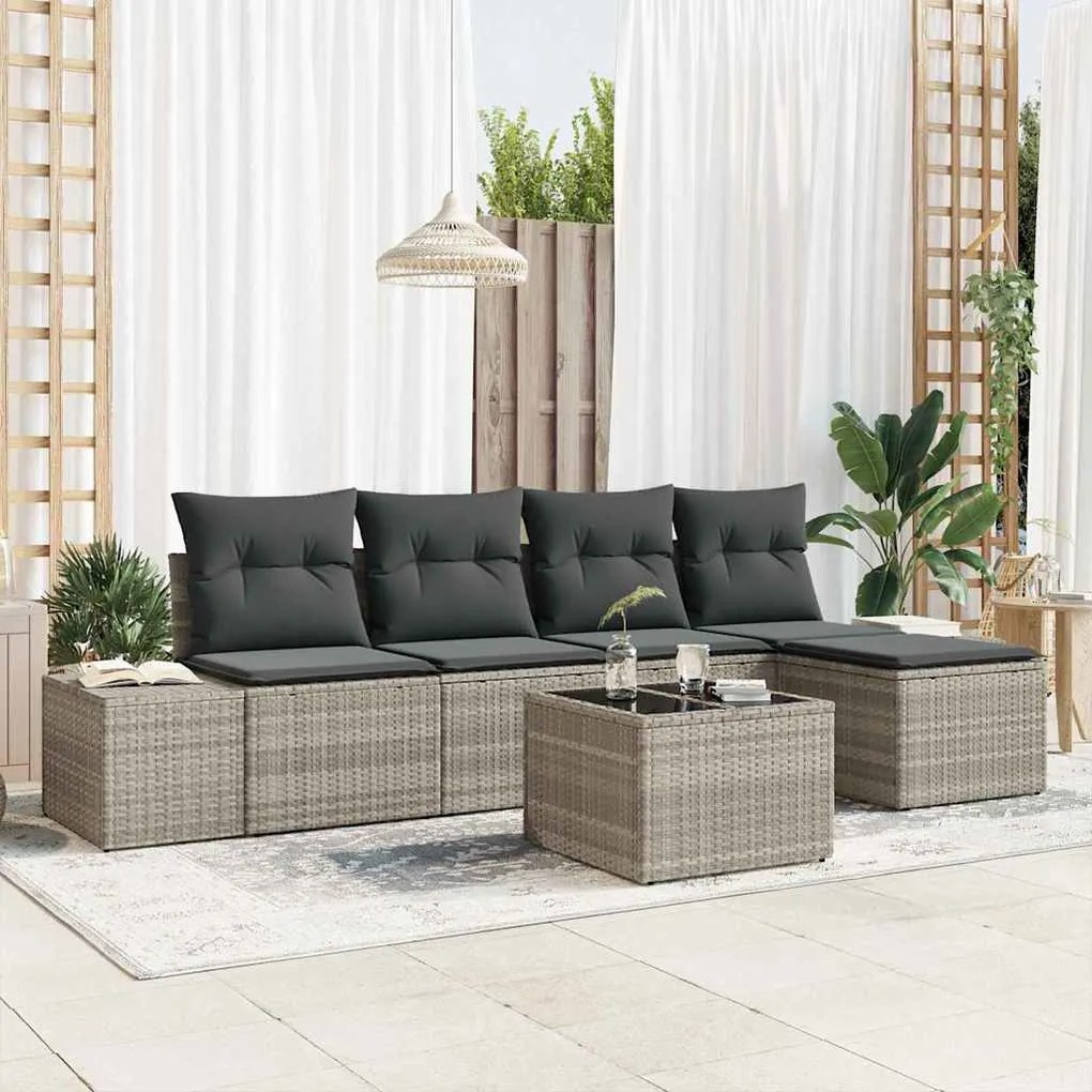 vidaXL Sofa de Jardim de 6 Peças com Almofadas em Rattan Sintético Cinza
