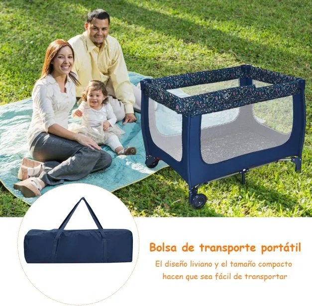 Berço dobrável e portátil para bebé com 2 rodas Centro de actividades 125 x 65 x 76 cm Azul