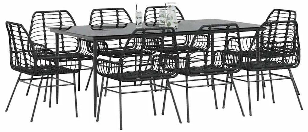 vidaXL Conjunto de jantar jardim 9 peças vidro vime PE preto