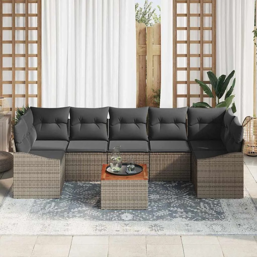 vidaXL Conjunto de Sofá de Jardim de 8 Peças com Almofadas Cinzas em Rattan Sintético e Acácia
