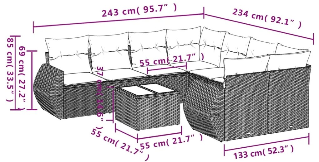 9 pcs conj. sofás jardim com almofadões vime PE cinzento-claro