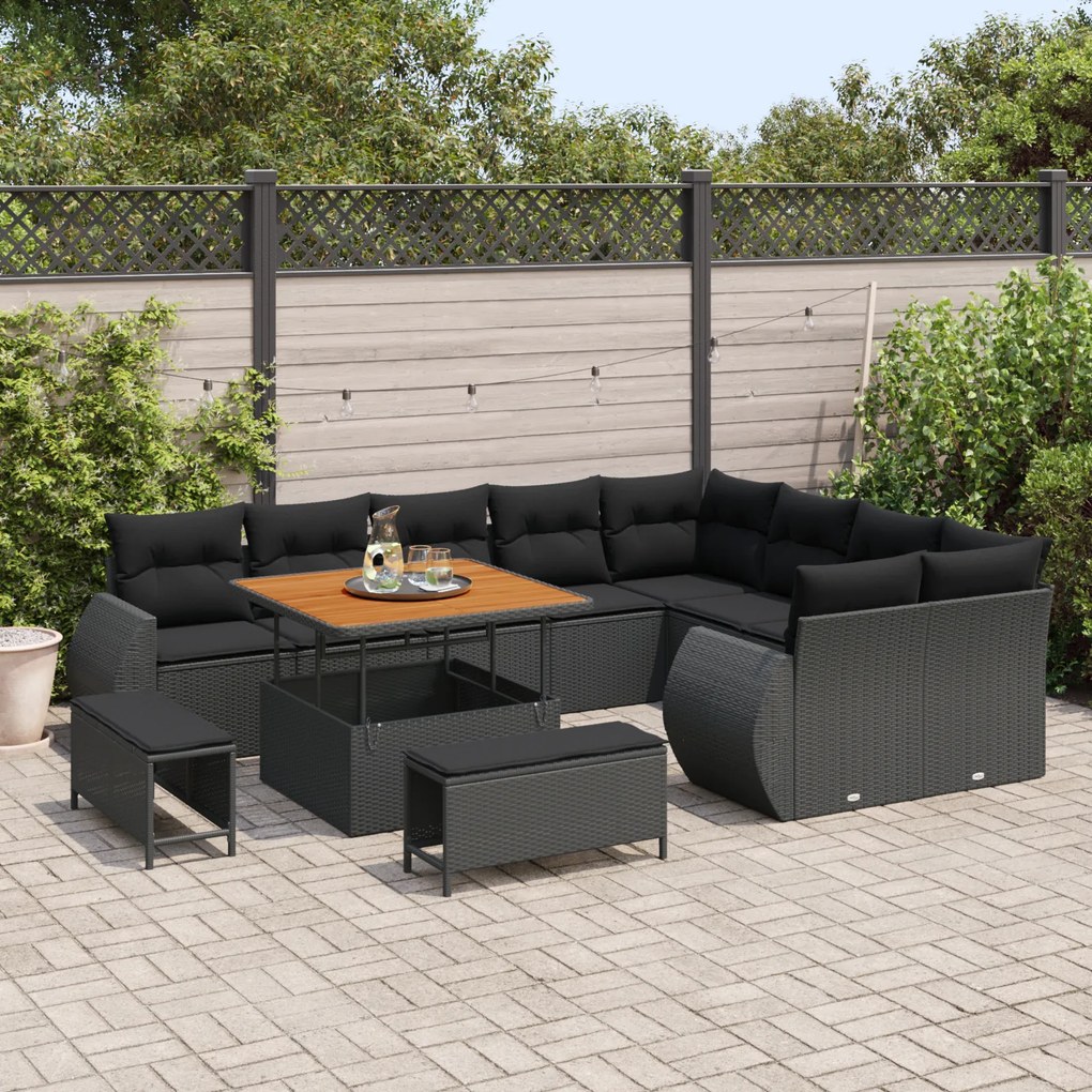 Conjunto de Sofá de Jardim vidaXL com Almofadas Preto Rattan Acácia, C