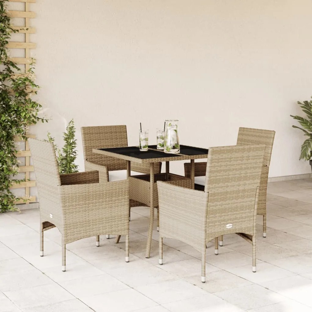 vidaXL 5 pcs conjunto jantar jardim com almofadões vime PE/vidro bege