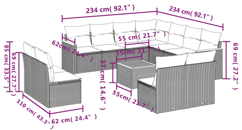 12 pcs conjunto de sofás de jardim c/ almofadões vime PE preto