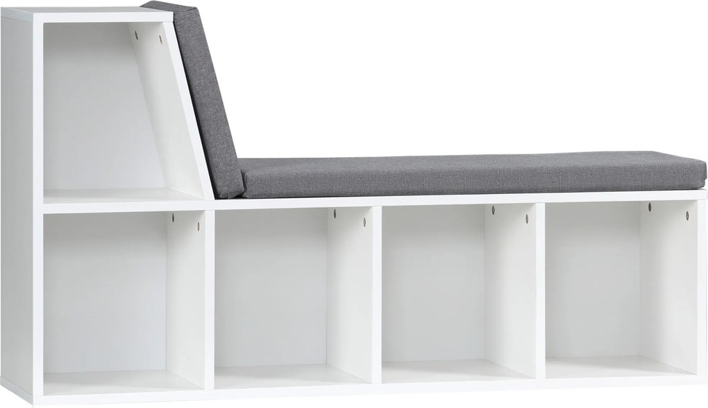 Banco 2 em 1 com 5 compartimentos de arrumação e 2 almofadas, 108 x 30 x 60 cm, branco e cinzento