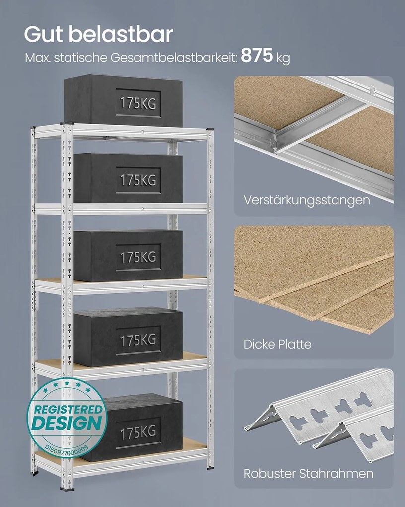 Conjunto de 2 estantes para cargas pesadas até 875 kg com prateleiras ajustáveis 40 x 90 x 180 cm Prateado