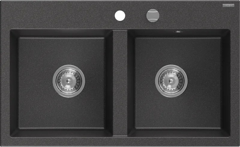 Mexen Hektor lava-loiça de granito 2-cubas 800 x 480 mm, preto salpicado, sifão cromado - 6521802000-76