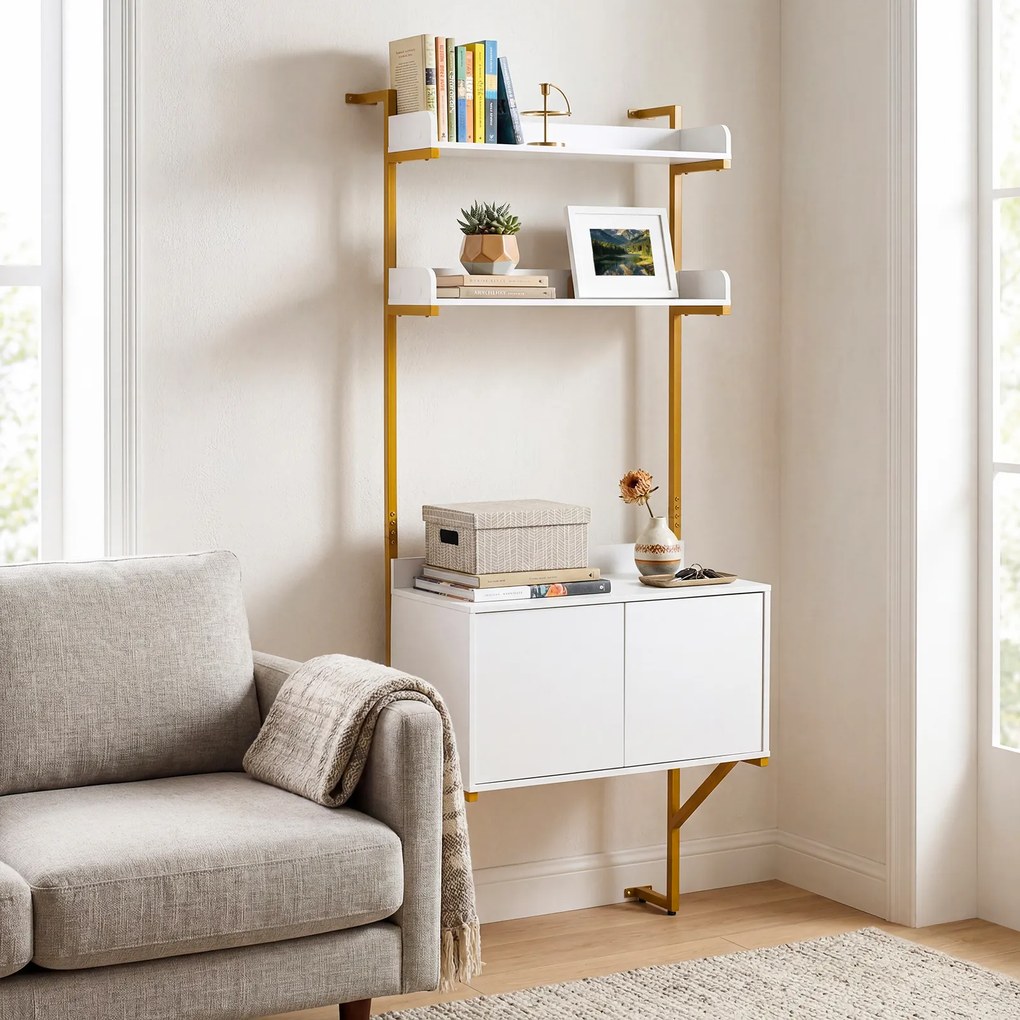 Estante em escada de 4 níveis com prateleiras abertas e portas 67 x 48 x 181 cm, Estrutura metálica, para arrumação na sala ou no escritório, Branco +