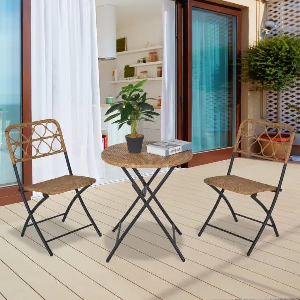 Conjunto de mesa e 2 cadeiras dobráveis de vime para jardim Estrutura de aço Φ60x71 cm e 46x56x83 cm Madeira natural