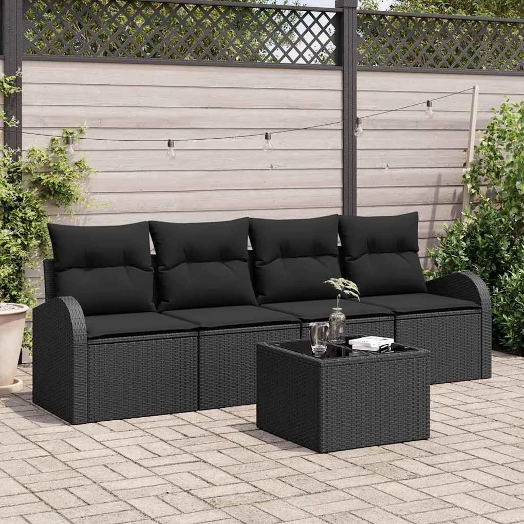 vidaXL Conjunto de Sofá de Jardim de 5 Peças com Almofadas Pretas em Poliratã