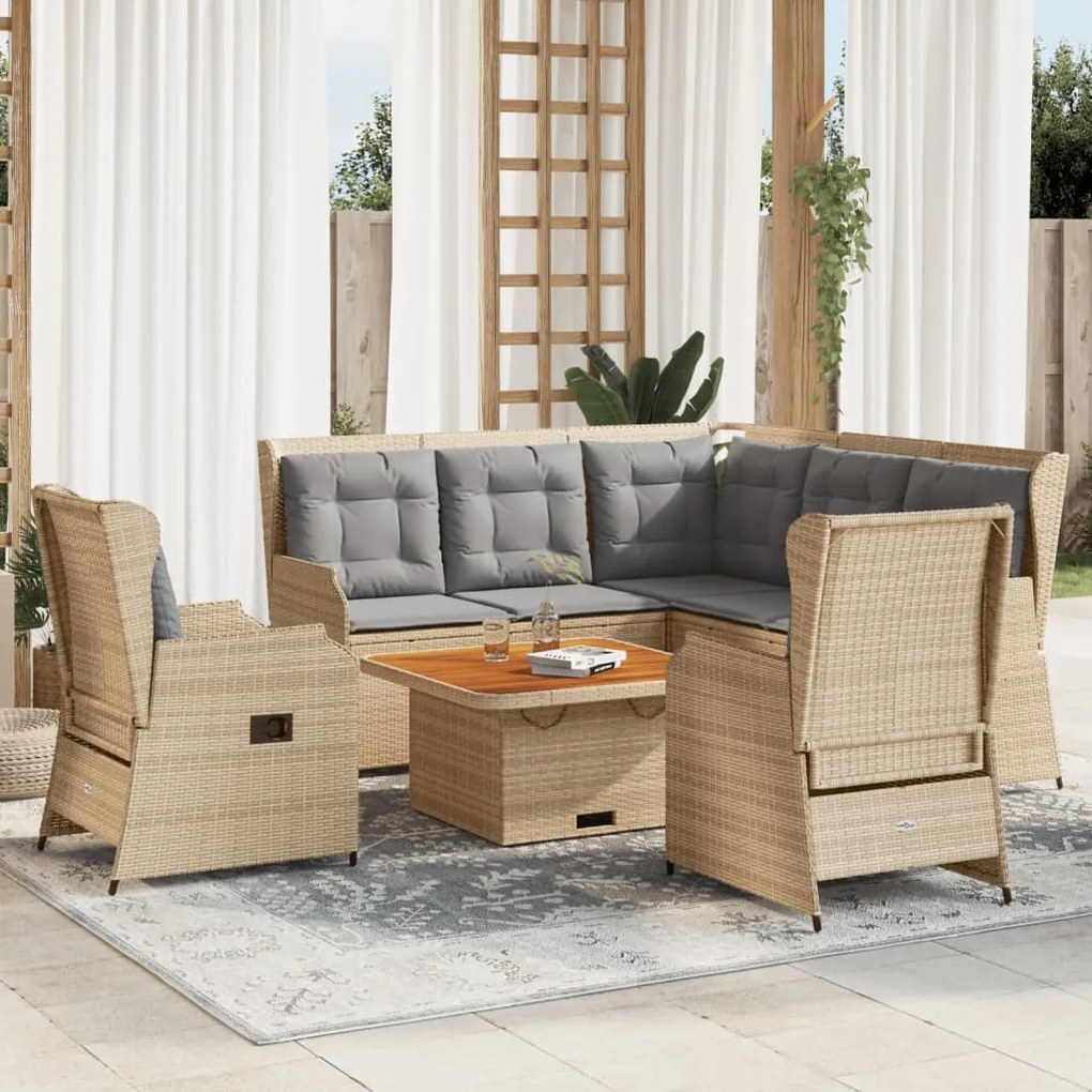 6 pcs conjunto lounge p/ jardim com almofadões vime PE bege