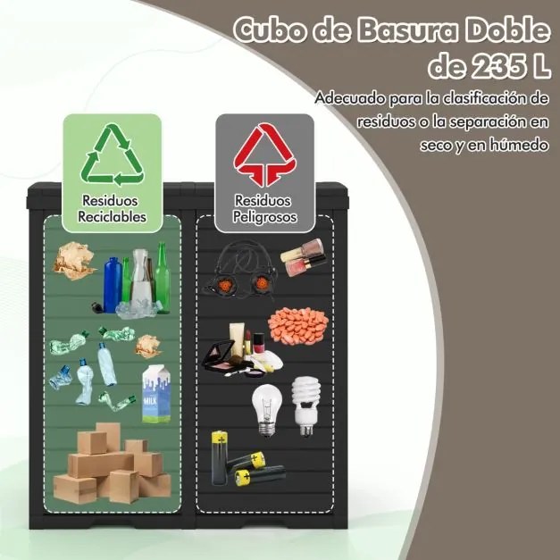 Caixote do lixo duplo de 235 L com bandeja para líquidos e tampas escalonadas para interiores e exteriores 77 x 40 x 86 cm Preto
