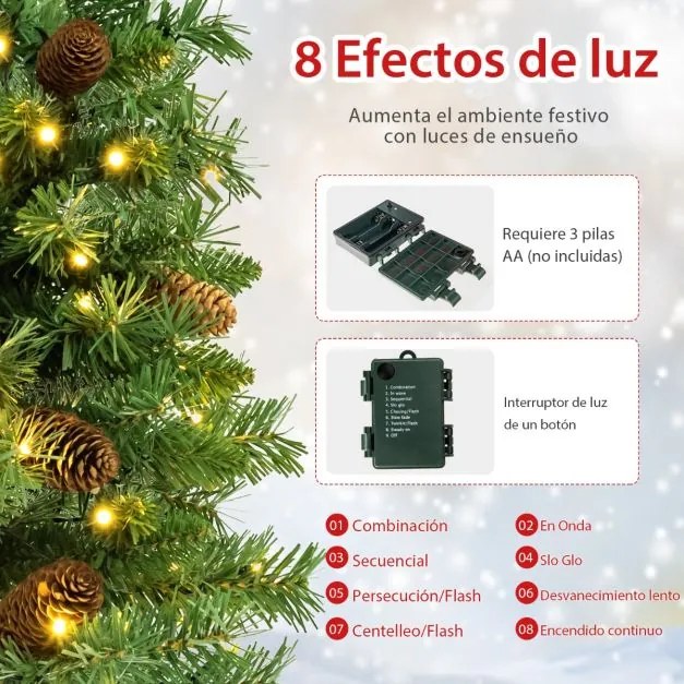 Árvore de Natal 64 cm Pequena Pré-iluminada para Mesa com 50 Luzes LED 8 Modos de Luz Base de Cimento Verde