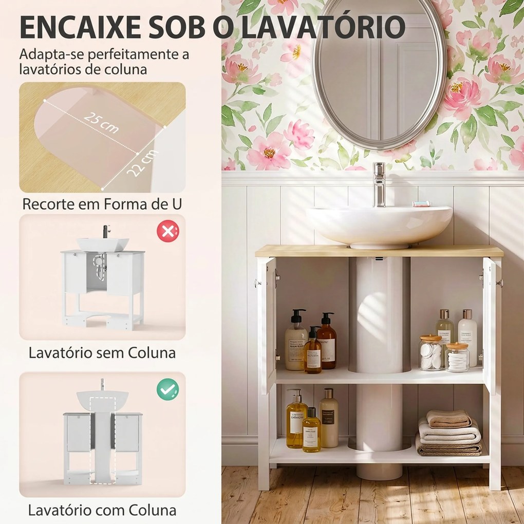 Móvel Inferior para Lavatório com Prateleira Aberta e 2 Portas, para Lavatório (NÃO INCLUIDO) com ou sem Coluna, 80 x 40 x 80 cm, Branco