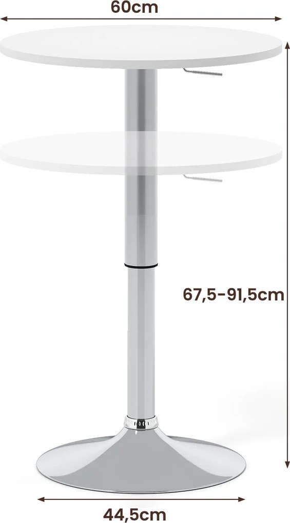 Mesa de Bar Redonda, 60 x 60 x 67,5-91,5 cm, Altura Ajustável, Branco