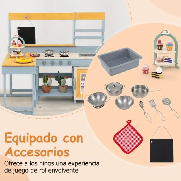 Cozinha para crianças com mesa de piquenique de madeira para crianças Cozinha de madeira em abeto com quadro-negro Banco Acessórios Utensílios Cinzent