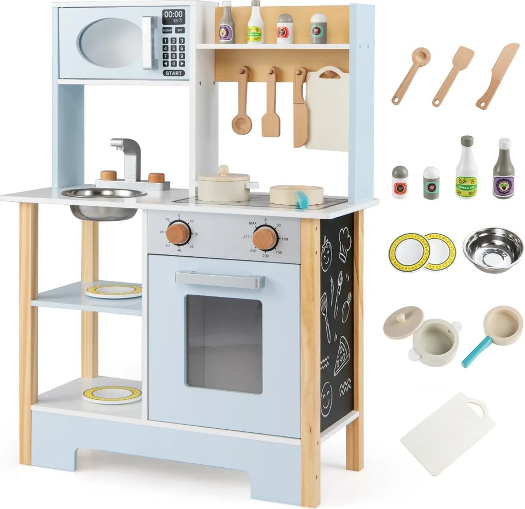 Cozinha de brincar para crianças 61 x 26 x 85 cm em madeira com quadro negro Micro-ondas Fogão Escorredor Torneira e pia para maiores de 3 anos Azul