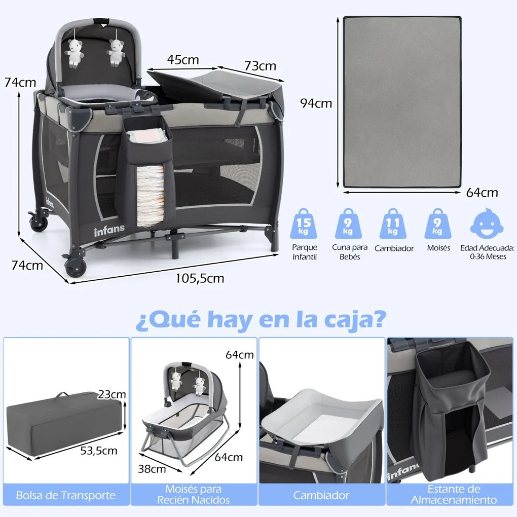 Berço com Centro de atividades 5 em 1 para bebés, parque e mesa para trocar fraldas. Inclui brinquedos suspensos, caixa de música, rodas e cesto. Pret