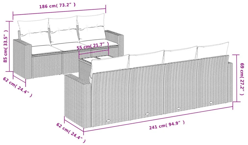 8 pcs conjunto sofás de jardim c/ almofadões vime PE cinzento
