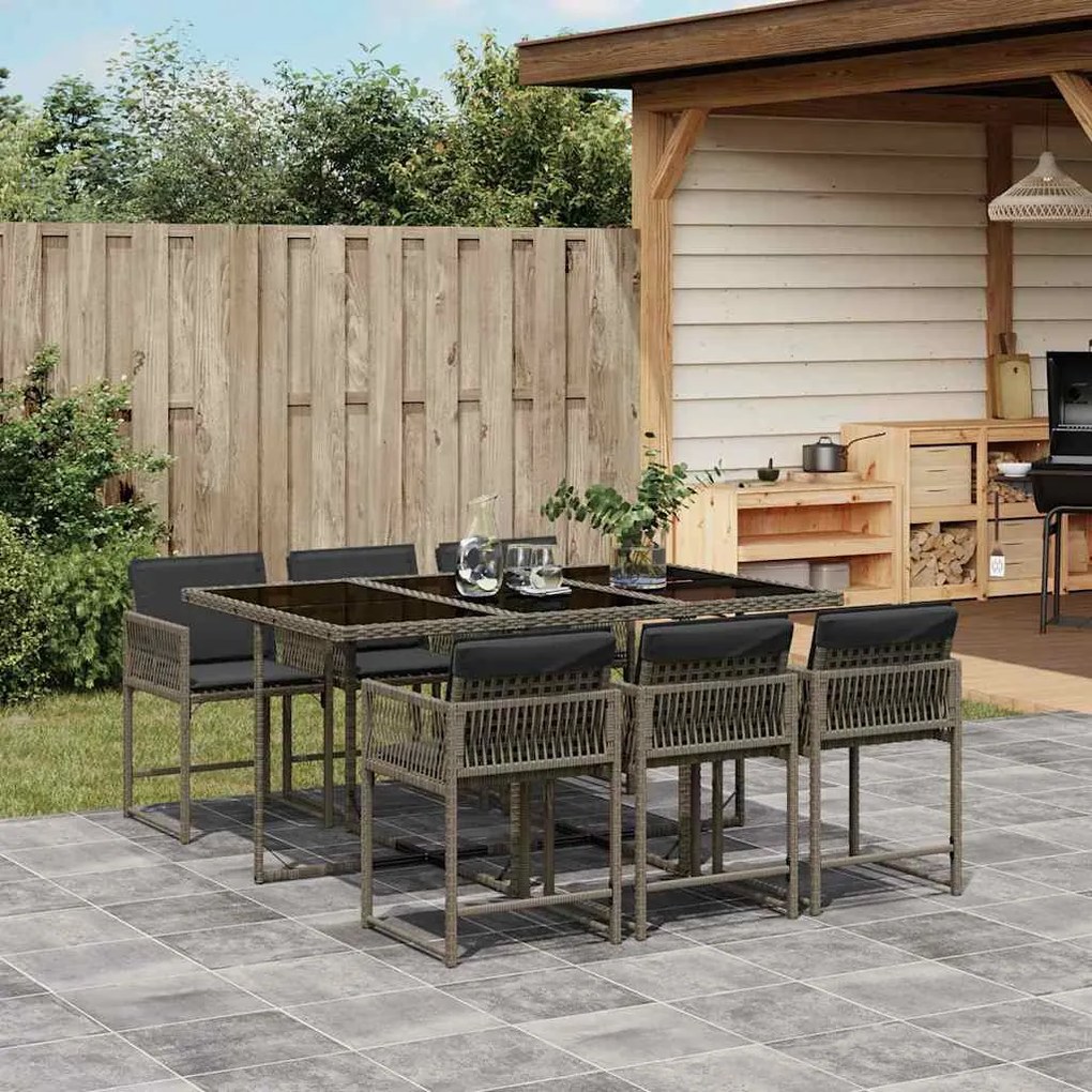 vidaXL 7 pcs conjunto de jantar p/ jardim c/ almofadões vime PE cinza
