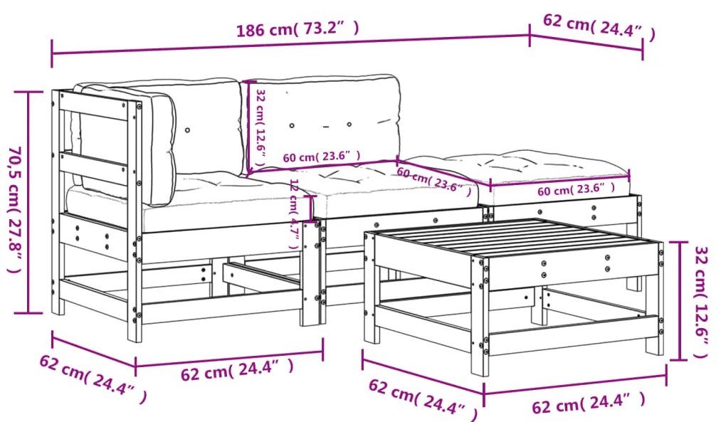 4 pcs conj. lounge jardim com almofadões madeira douglas maciça