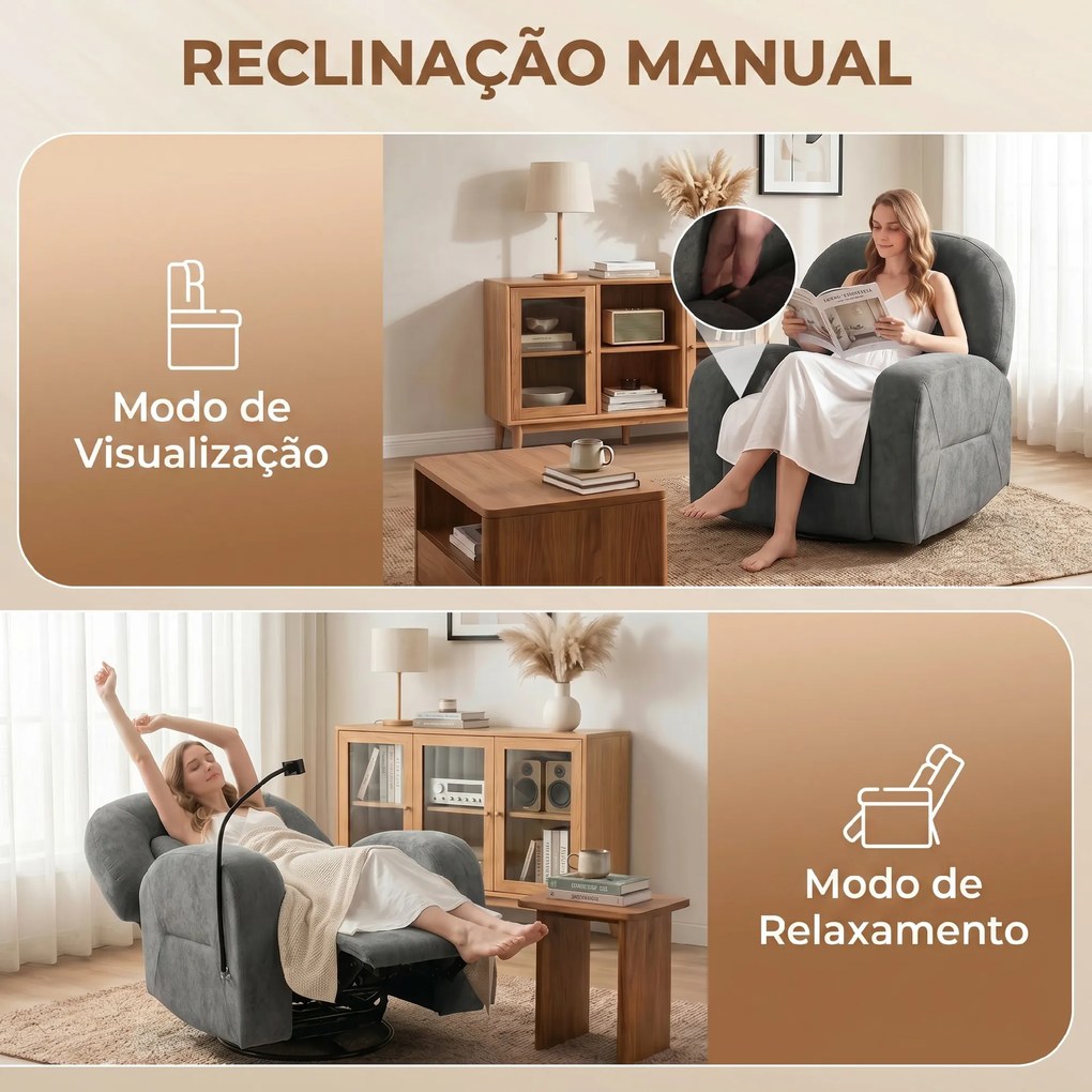 Poltrona Relax Reclinável 3 em 1 com Função de Baloiço Rotação 360° Suporte para Telemóvel Assento Amplo Cinzento