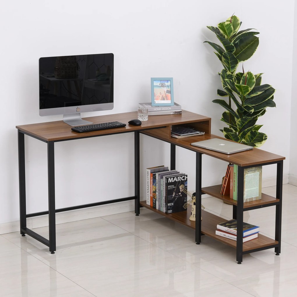 HOMCOM Mesa de Computador em Forma de L Secretária de Escritório de Canto com Múltiplas Prateleiras e Superfície de Melamina 130x130x78cm Nogueira