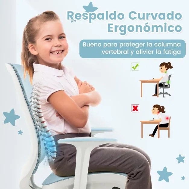 Cadeira giratória de secretária para crianças com rodas reguláveis em altura com travões Apoios de braços lisos 57 x 57 x 80-92 cm Azul