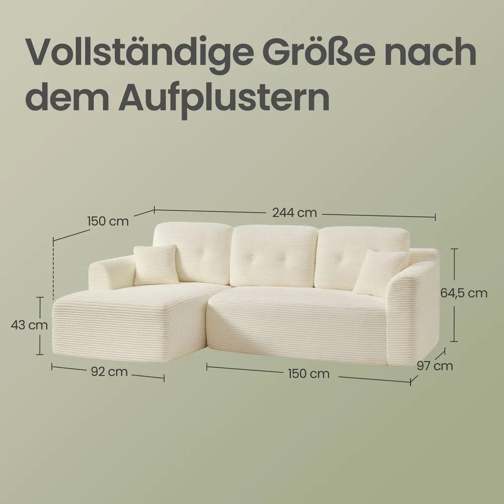 Sofá modular de canto com Chaise long à esquerda, 244 cm de largura 150 x 244 x 73 cm branco creme
