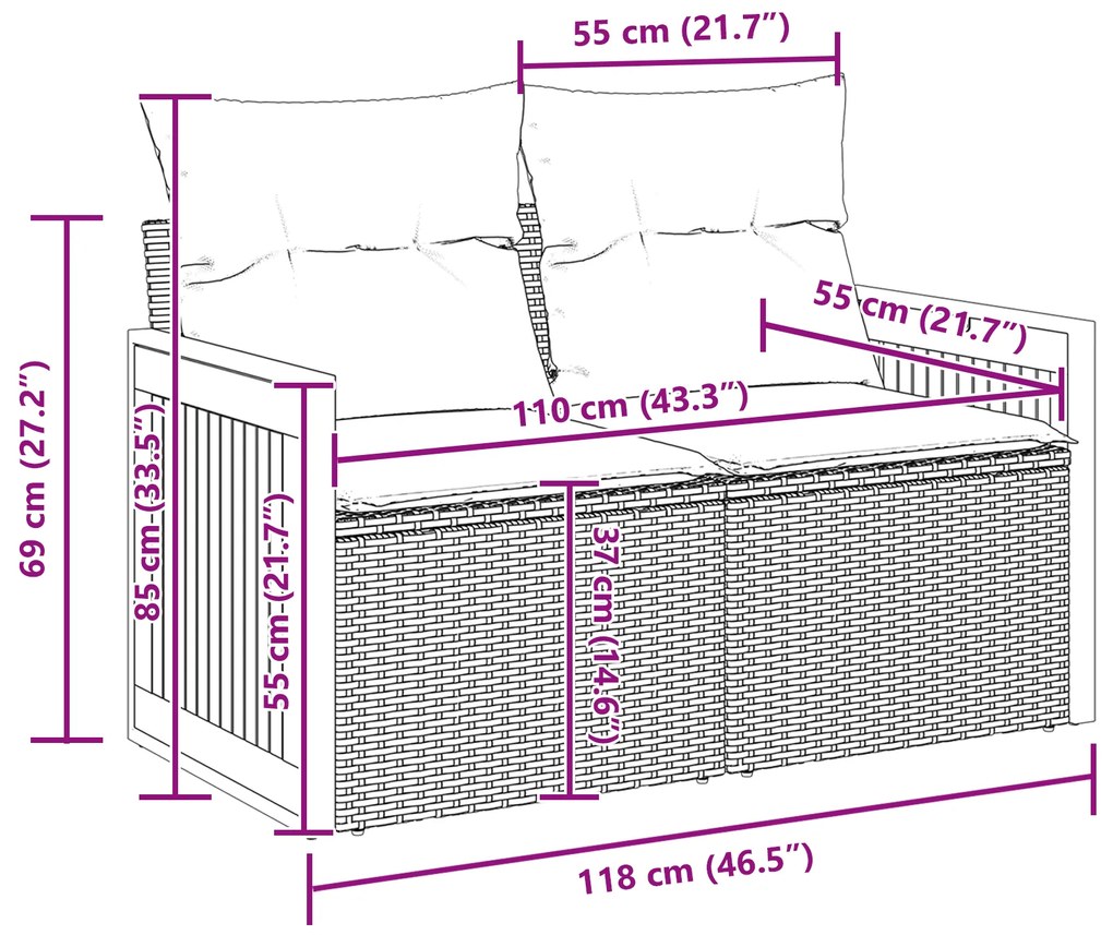 Conjunto de Sofá de Jardim vidaXL 13 Peças com Almofadas Preto Vime PE