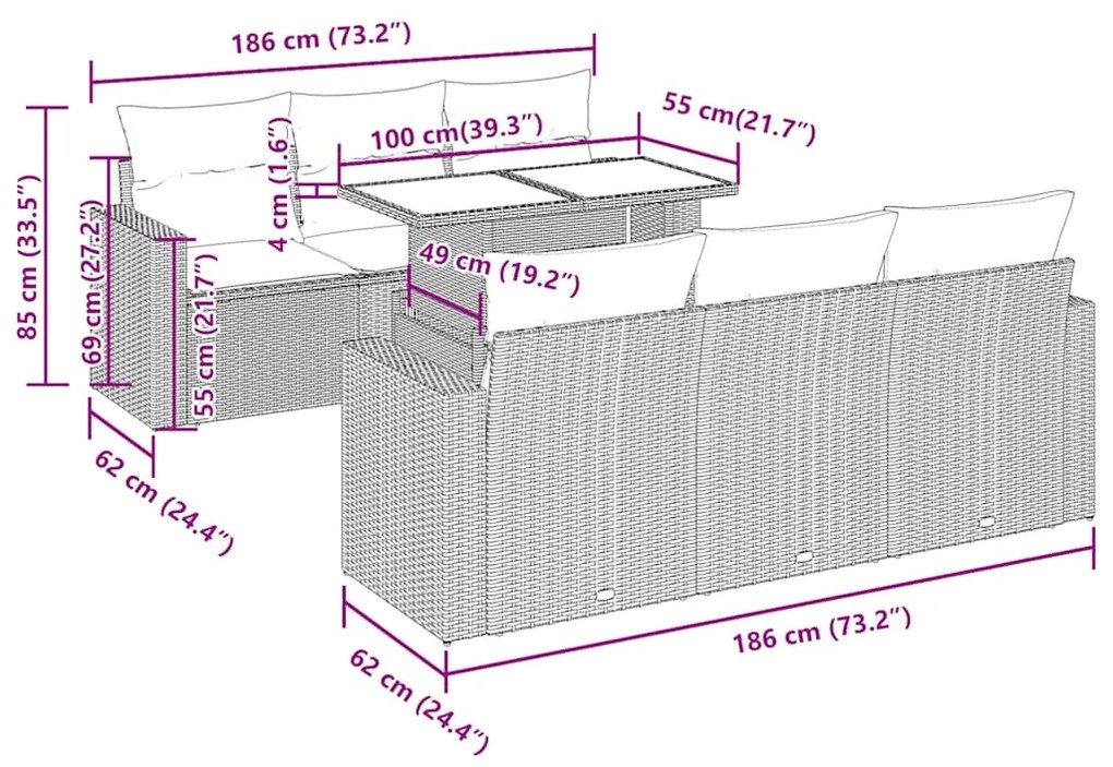 7 pcs conjunto sofás jardim almofadões vime PE/acácia cinzento