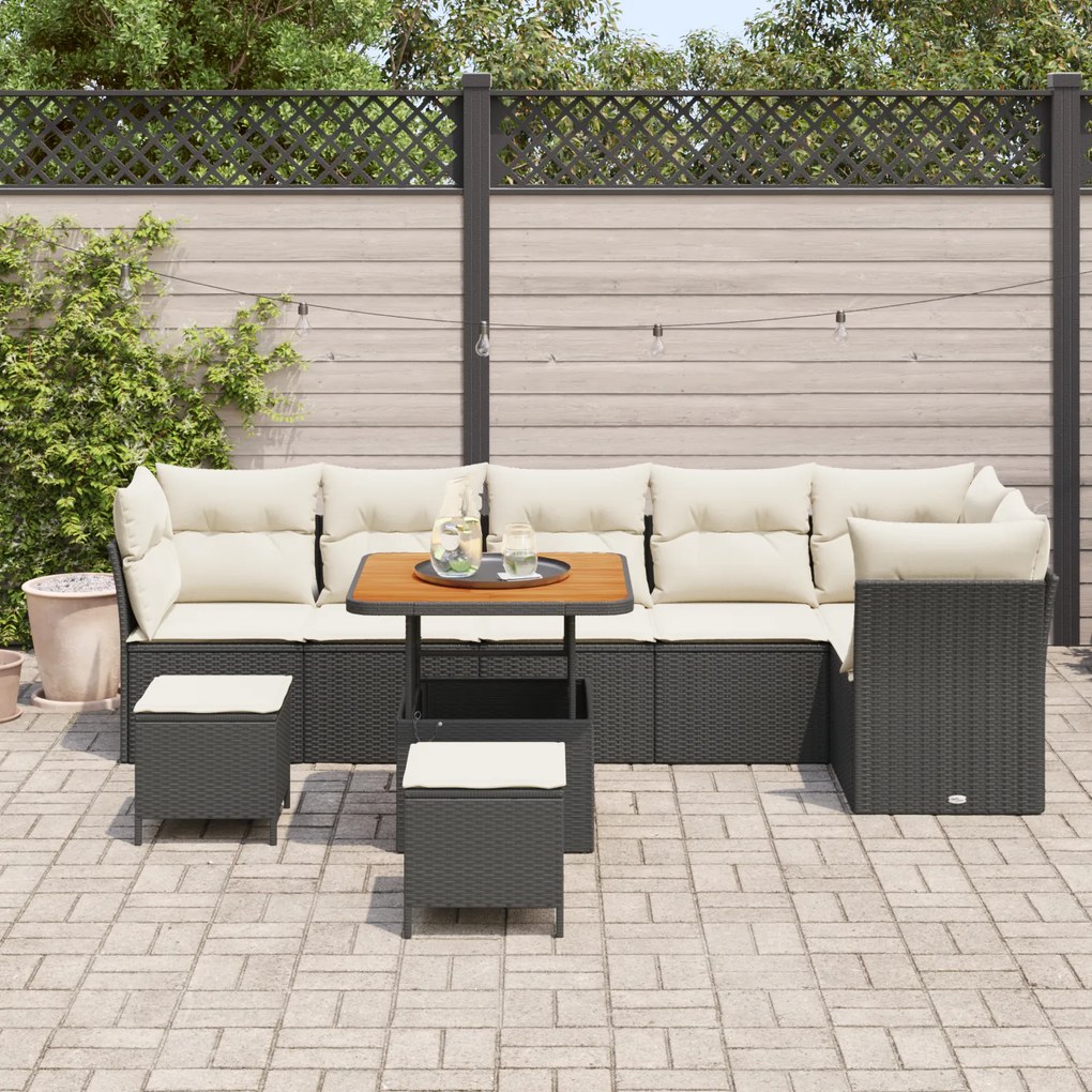 Conjunto de Sofás de Jardim Com Almofadas vidaXL 9 Peças Preto Rattan