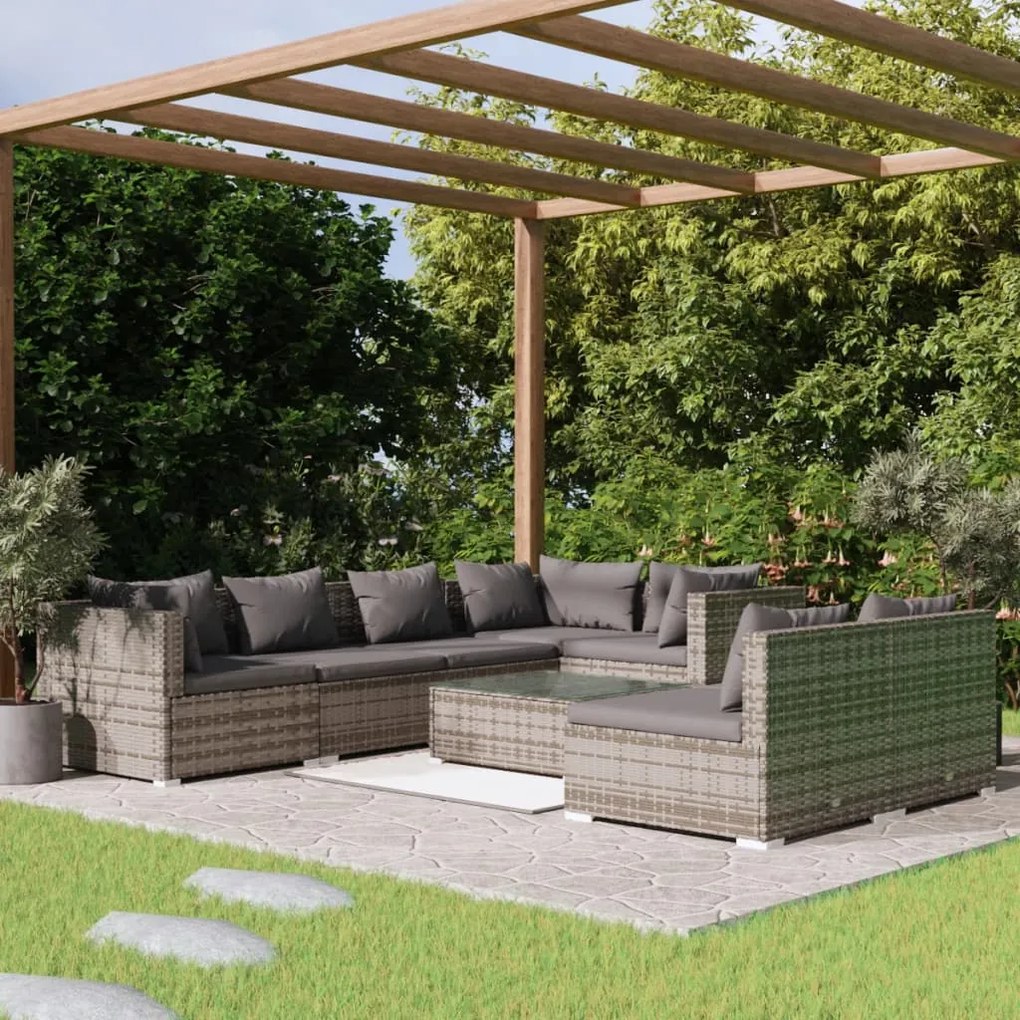 vidaXL 8 pcs conjunto lounge de jardim c/ almofadões vime PE cinzento