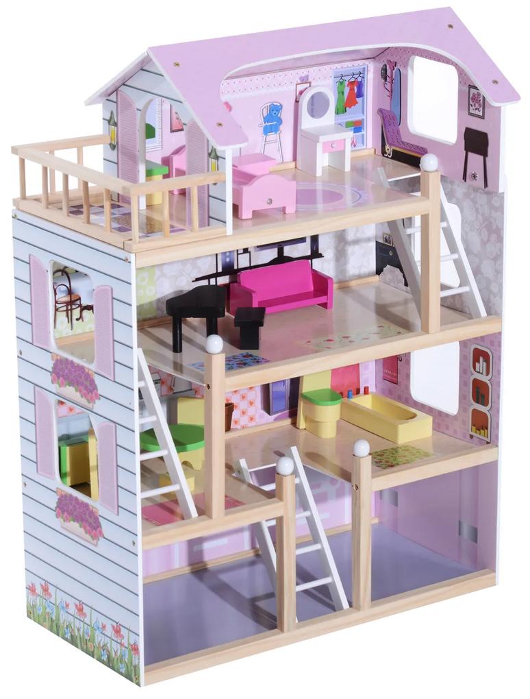Casinha de Bonecas para Brincar - Cor-de-Rosa e Branco - Madeira - 60 x 30 x 80 cm
