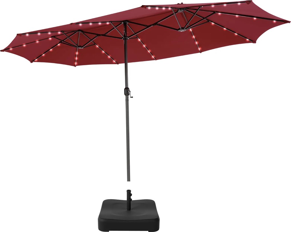 Conjunto de guarda-sol dupla face de 470 cm com 48 luzes LED solares e base recheável de 80 kg, com sistema de manivela, para jardim e piscina, vermel